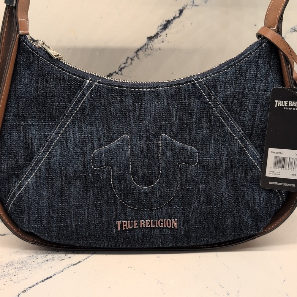 TRUE RELIGION Blue Denim Crescent Shoulder Handbag‎ Purse NWT